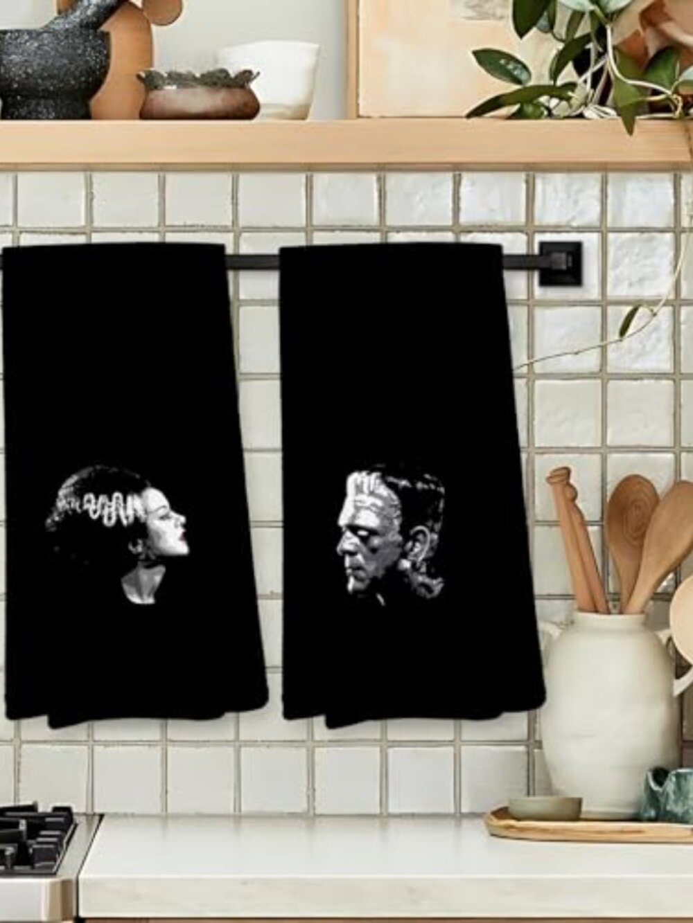 Frankenstein and Bride Gothic Couple Kitchen Towels, Dark Academia Horror